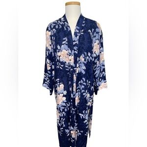 Umgee Women's Caftan Size M Blue Floral Print 3/4 Sleeves Kimono Open Boho